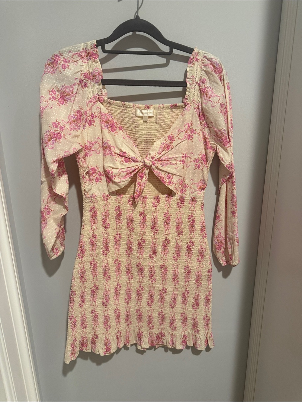 LoveShackFancy Cream and Pink Floral Tie-Front Puff Sleeve Crop Top